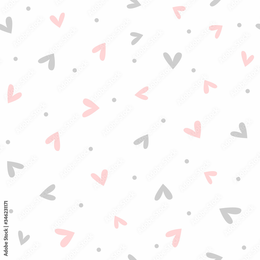 Wall mural Cute romantic seamless pattern. Simple endless print with scattered small hearts and dots. Vector illustration.