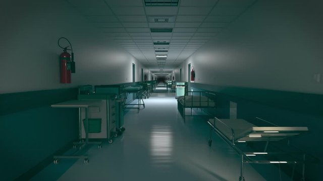 Hospital corridor, camera moving forward, looping 3D animation
