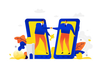 Illustration of businessmen being healthy. Metaphor. A man and his partner greet each other on the background of mobile devices. Partnership, trusting relationships in business. Flat illustration.