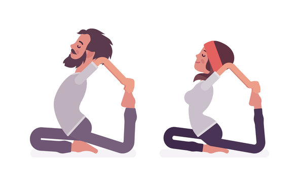 Young yogi man, woman in sports wear practicing yoga, partners doing One Legged King Pigeon pose, Eka Pada Rajakapotasana exercise, stress-free yogic practice. Vector flat style cartoon illustration