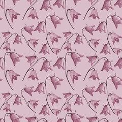 seamless pattern with bellflowers campanula flowers on monochrome pink background in gouache. For textiles, packaging, fabric, wallpaper, holidays presents and gifts wrapping paper