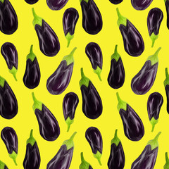 Seamles aubergine pattern Eggplant drawn in a realistic style on a yellow background. Vegetables for diet, vegetarian, healthy eating. Use as restaurant menu, packaging, product design