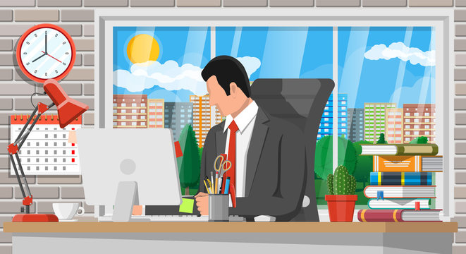 Businessman at work. Modern creative office workspace. Workplace with computer, lamp, clock, books, coffee, calendar, chair, desk and stationery. Desk with business elements. Flat vector illustration