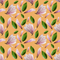 Seamless pattern with blooming magnolia flowers and leaves. Watercolor illustration. Pattern on isolated pale orange background for your design, wrapping paper, fabric, background