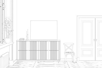Sketch of the room with a blank horizontal poster on a commode, between the window and the door. Front view. 3d render.