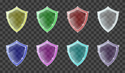 Set of protection shields. Shiny shield icons in 8 different colors. Transparent and isolated with realistic shine and shadow on the light background. Vector illustration.