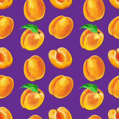 Apricots with half and leaves. Fruit seamless pattern design for wallpaper, paper, textile, fabric.