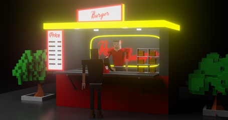 Low Poly People Selling Burger in Street with Smiling Expression. Isometric 3D Illustration at Night 