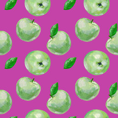 Green apples with leaves. Fruit seamless pattern design for wallpaper, textile, fabric, packaging.