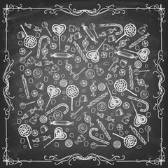 Doodle style hard candy set sketch on blackboard in vector format. Includes lollipops, wrapped candy, butterscotch, candy corn, gum drops, and jelly beans.