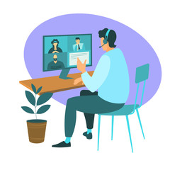 A man from home participates in a video conference with colleagues at work