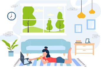 Young woman lying on the floor, eating carrot and working on laptop at home. Living room with sofa, carpet, lamps, plant and clock. Flat vector illustration.