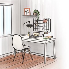Home office. Work from home. Illustration of a desktop with a laptop and books for business online.
