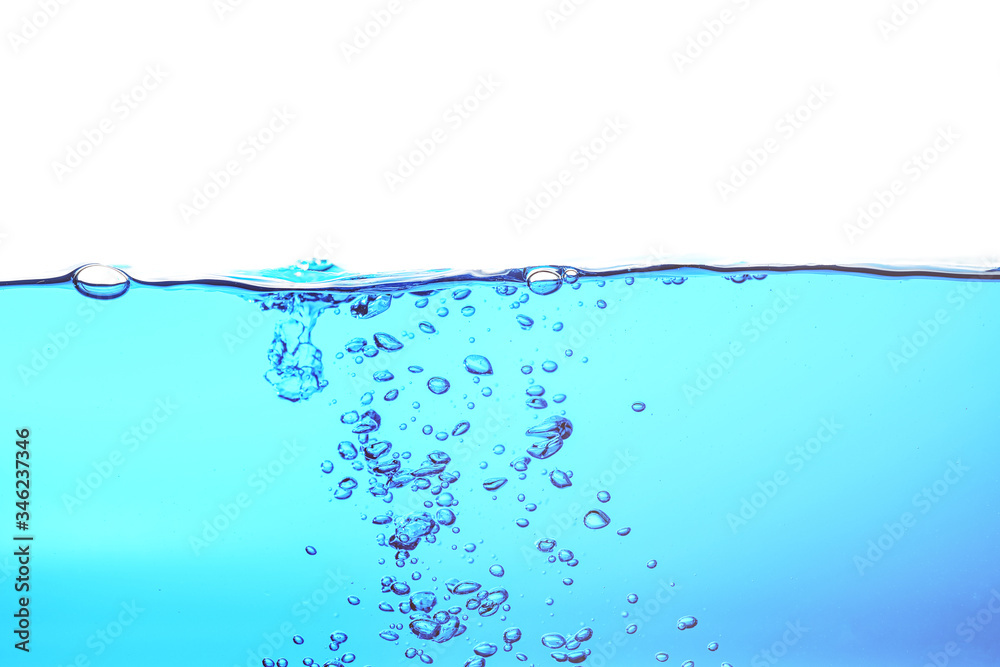 Wall mural water splash isolated on white. fresh blue natural drink water wave wide panorama. bubbles underwate