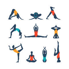 Female in swimsuit in different yoga positions. Woman silhouette making stretching exercises vector. Girl body in yoga poses isolated on white background.