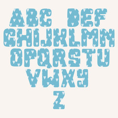 Handwritten blue alphabet. Trendy isolated feminine letters. Modern rounder corner alphabet. Heart pattern letters. Blue vector font. 