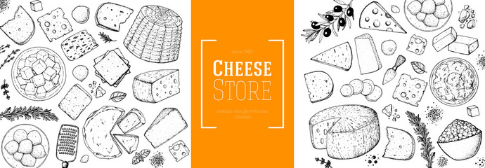 Cheese design template. Hand drawn sketch. Retro food background. Different cheese kinds banner. Dairy farm products cheese. - obrazy, fototapety, plakaty