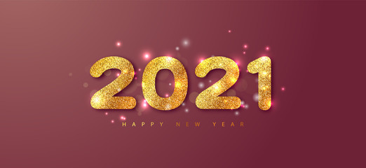 2021 Happy New Year vector background with golden numbers and sparkles. Merry Christmas and Happy New Year holiday symbol template.Holiday greeting card design template.