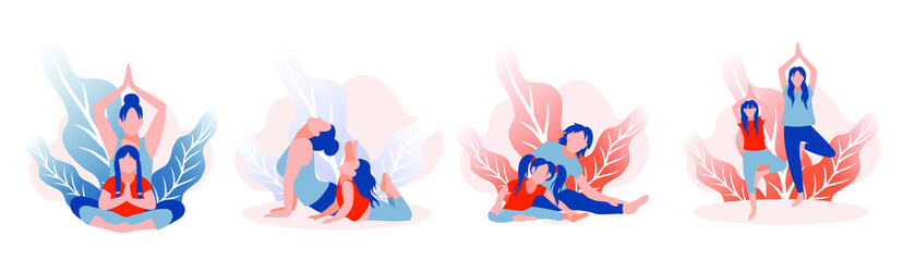 Set of vector illustrations. Mom and daughter do yoga and stretching. The concept of home activity with children in quarantine. A happy family. Prevention of the spread of coronavirus. Flat style.