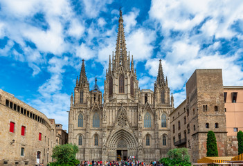 Fototapeta na wymiar Cathedral of Holy Cross and Saint Eulalia or Barcelona Cathedral in Barcelona, Catalonia, Spain. Gothic Quarter of Barcelona. Architecture and landmark of Barcelona.