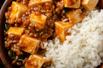 Authentic traditional Chinese food mapo tofu dish with pork and steamed rice closeup