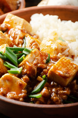 Authentic traditional Chinese food mapo tofu dish with pork chives and steamed rice closeup