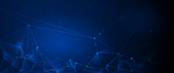 Vector illustration molecule, connected lines with dots and polygon shape on blue color background. Abstract internet network connection design. Digital data,science and futuristic technology concept