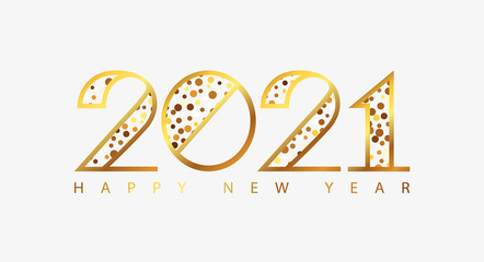 Happy New Year 2021 holiday greeting card with golden numbers. Merry Christmas and Happy New Year holiday symbol template. Vector background