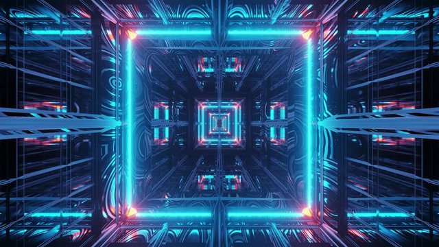 Virtual interior with strange pattern on steel wall environment light by strip neon light inside of long elongated corridor, keen Damascus steel inspired room, motion graphic of VJ loop, 3D