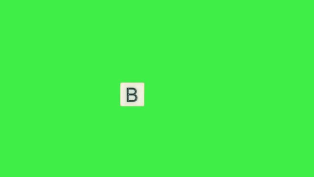 Letter B scrabble slide from left to right side on green screen, letter B green background