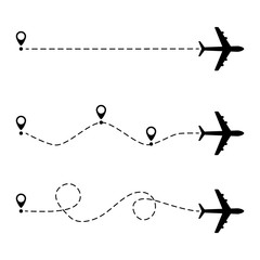 Airplane line path vector icon illustration of flight route with start point and line trace isolated on white background