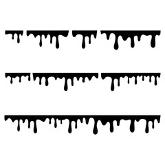 Black melt drips or liquid paint drops isolated on white background. 