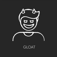 Gloat chalk white icon on black background. Evil smile. Bad attitude. Vicious smirk. Scary person. Negative feeling. Devil facial expression. Isolated vector chalkboard illustration
