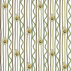 Watercolor seamless pattern with green wavy lines, avocado half and sprouting seed. Ideal illustration for summer fashion and wrapping paper. Label, sticker, brand design for organic food and cosmetic