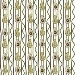 Watercolor seamless pattern with green wavy lines, avocado half and seed. Ideal illustration for summer textile, fashion and wrapping paper. Label, sticker, brand design for organic food and cosmetic
