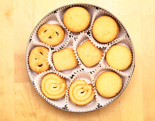 Butter cookies, also known as Danish biscuits, in their original tin