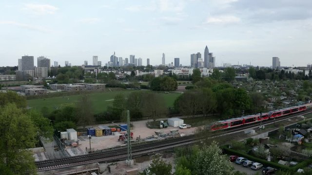 Aerial of Skyline Frankfurt with Train running