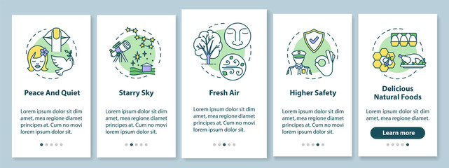 Countryside life conditions onboarding mobile app page screen with concepts. Village lifestyle advantages walkthrough 5 steps graphic instructions. UI vector template with RGB color illustrations