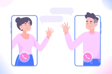 Video call or video conference on smartphone concept. People or couple communicate online with mobile app on phone. Social distance concept, vector illustration