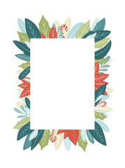 Exotic blue, green, teal, navy and red leaves frame with lollipop candy. Christmas tropical leaf border. Winter holiday.