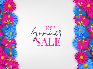 Hot Summer Sale banner design. Blue and pink flowers and gift boxes on white background. Realistic vector illustration.