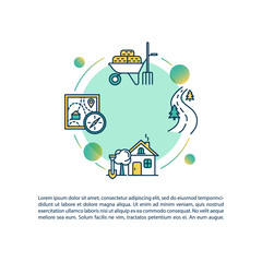 Village life concept icon with text. Country living. House in countryside. Farm production. PPT page vector template. Brochure, magazine, booklet design element with linear illustrations