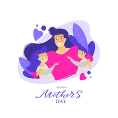 Mother hugs children. Happy Mother's Day typography vector design for greeting cards and poster. Design template celebration. Vector illustration.