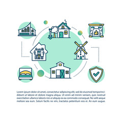 Village housing concept icon with text. Real estate for family. Farm living and ranch property. PPT page vector template. Brochure, magazine, booklet design element with linear illustrations