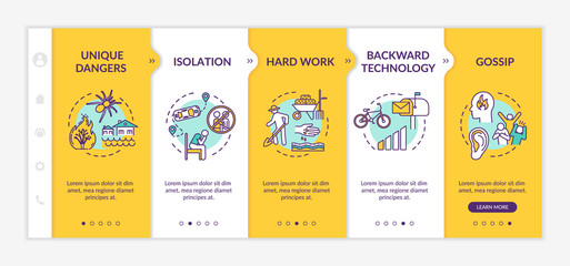 Village life disadvantages onboarding vector template. Depression from isolation. Long distance to city. Responsive mobile website with icons. Webpage walkthrough step screens. RGB color concept