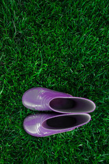 rubber boots on the green grass