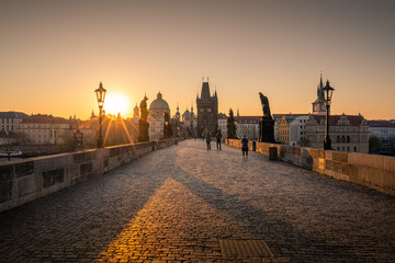 Fototapeta premium Charles bridge at sunrise, Old Town bridge tower, Prague UNESCO, Czech republic, Europe - Old town