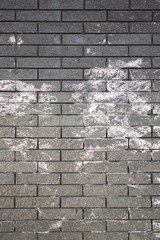 gray black brick wall with lime white stains of smooth masonry background for text