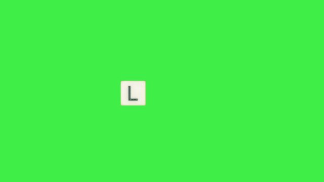 Letter L scrabble slide from left to right side on green screen, letter L green background