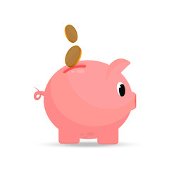 Pig piggy bank in a flat style. Coins are lowered into the piggy bank. Savings Concept vector icon. Illustration for banks. Isolated on a white background.